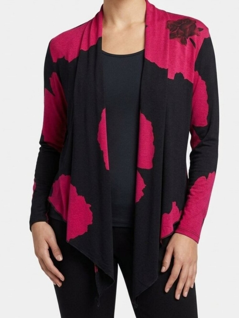 Jostar Travel Wrinkle-Free Half Sleeve Flowy Open Fron Top Black PINK Hibiscus M